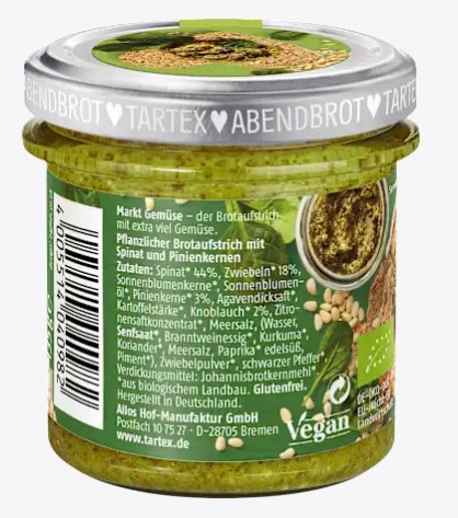Tartex Spinat Pinienkerne Brotaufstrich 135g Glas