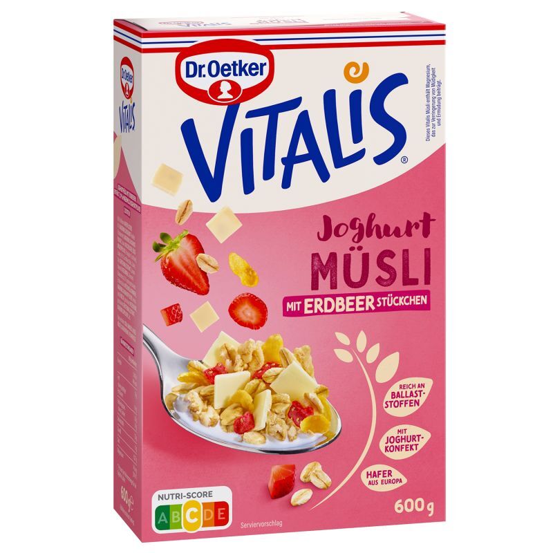 Dr. Oetker Vitalis Joghurtmüsli mit Erdbeerstückchen 600g Packung Dr. Oetker Vitalis Joghurtmüsli mit Erdbeerstückchen 600g Packung