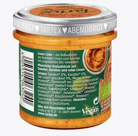 Tartex rote Linse italienische Kräuter Brotaufstrich 140g Glas