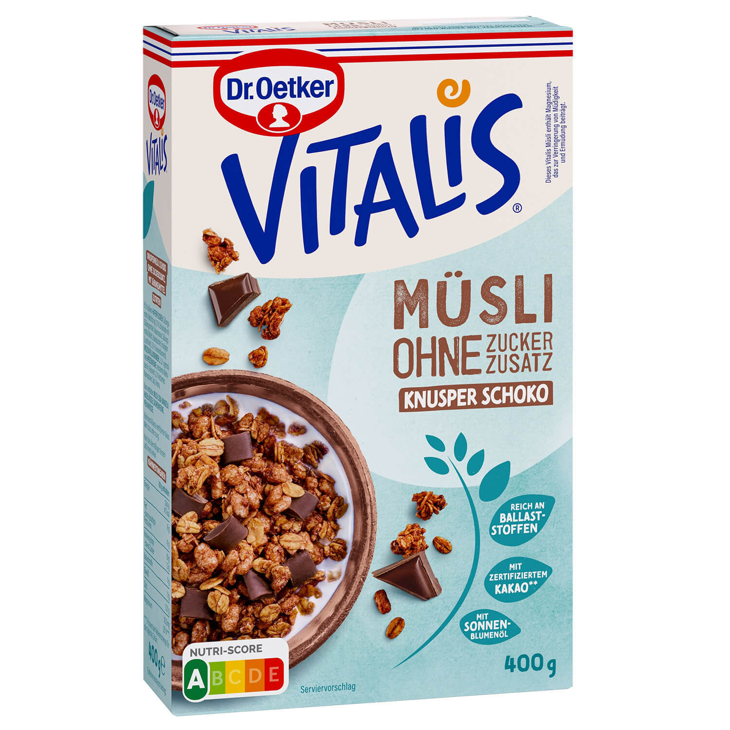 Dr. Oetker Vitalis ohne Zuckerzusatz Knusper Schoko 400g Packung Dr. Oetker Vitalis ohne Zuckerzusatz Knusper Schoko 400g Packung