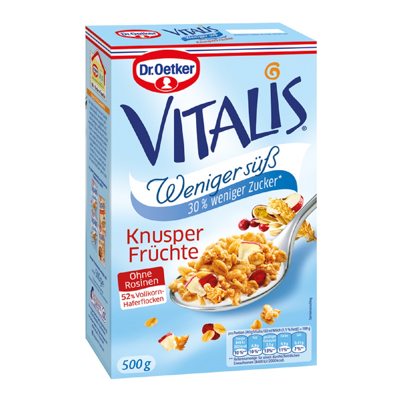 Dr. Oetker, Vitalis, Weniger süß, Knusper Früchte, 500g, Packung