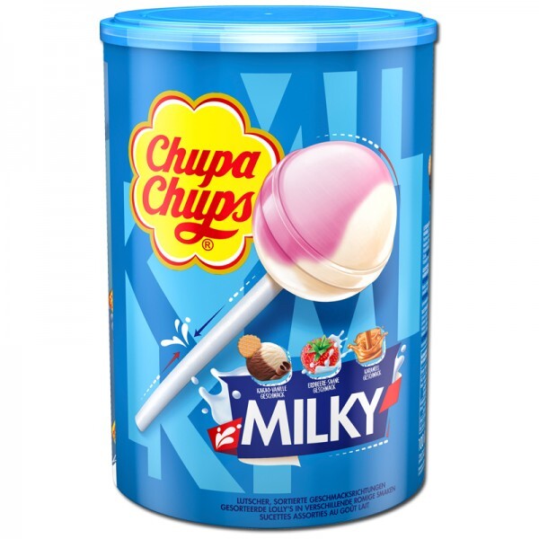 Chupa Chups Milky Milch-Lutscher Lolly 100 Stück 1200g Dose Chupa Chups Milky Milch-Lutscher Lolly 100 Stück 1200g Dose