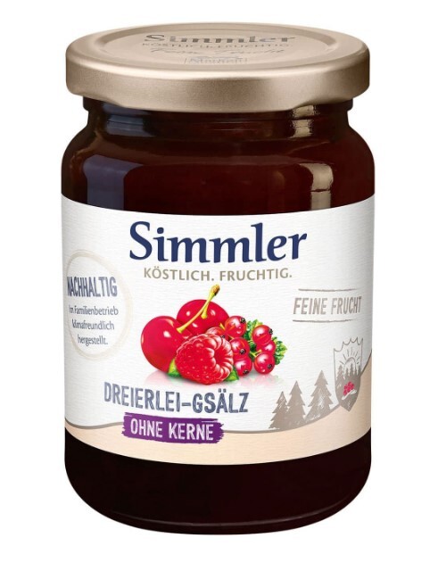 Simmler Feine Frucht Dreierlei-Gsälz kernlos 225g kleines Glas Simmler Feine Frucht Dreierlei-Gsälz kernlos 225g kleines Glas